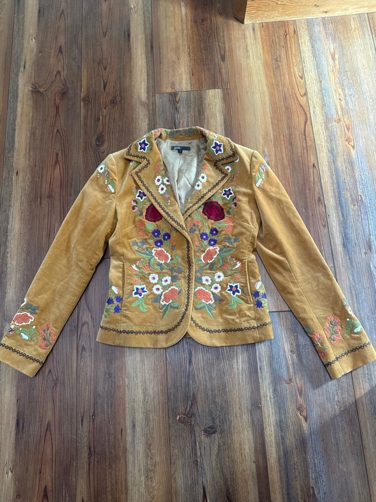 Yank Jackets & Blazers - Embroidered Mustard Velvet Blazer - Women's Floral Suit Jacket